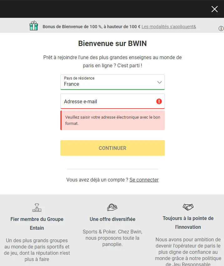 Registratieformulier op de website van Bwin